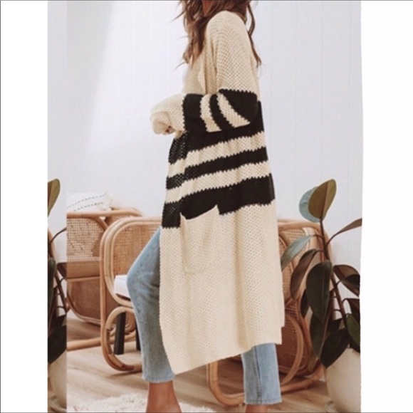 Ivory & Black Stripe Long Cardigan - Picture 5 of 8